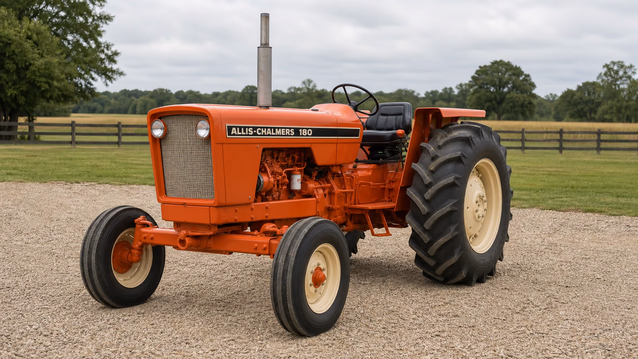 Allis Chalmers 180 tractor in a rural farm setting.