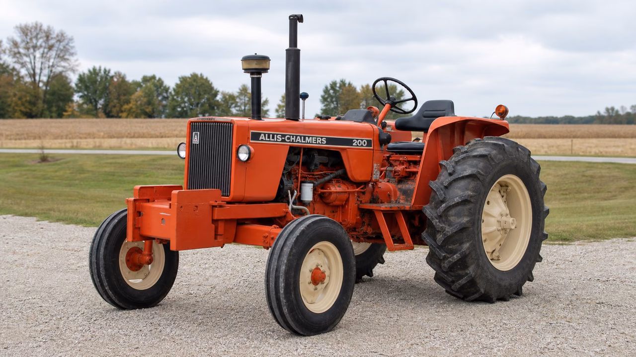 Allis Chalmers 200 tractor in a rural farm setting.