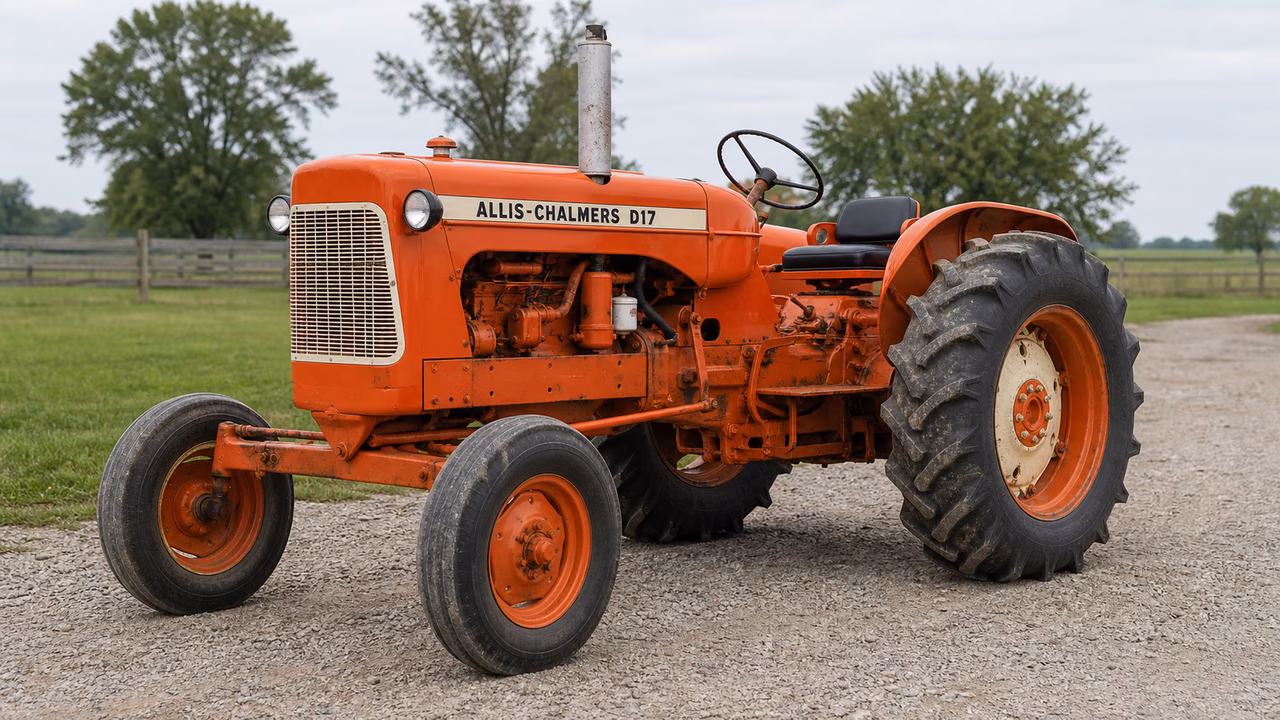 Allis Chalmers D17 tractor in a rural farm setting.