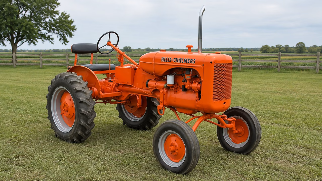 Orange Allis-Chalmers Model B tractor on a gravel farm drive.
