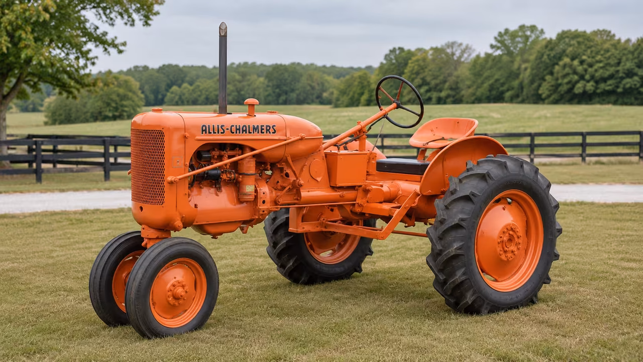 Orange Allis-Chalmers Model C tractor on a gravel farm drive.