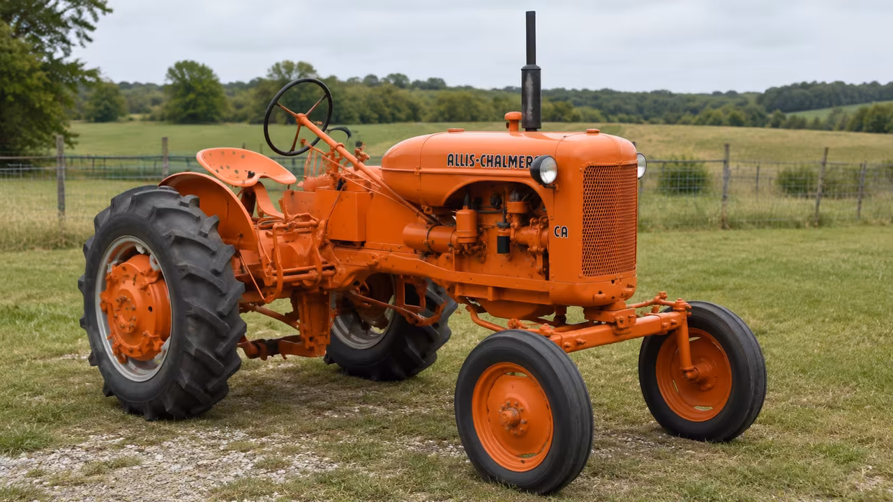 Orange Allis-Chalmers CA tractor on a gravel farm drive.