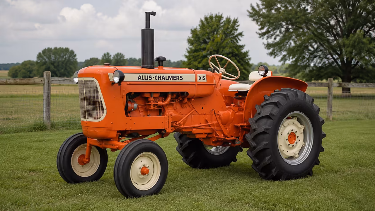 Orange Allis-Chalmers D15 tractor on a gravel farm drive.