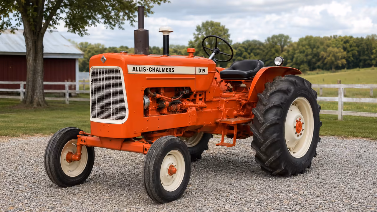 Orange Allis-Chalmers D19 tractor on a gravel farm drive.