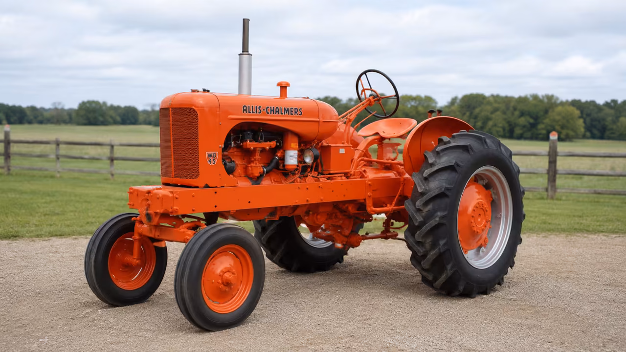Orange Allis-Chalmers WD45 tractor on a gravel farm drive.