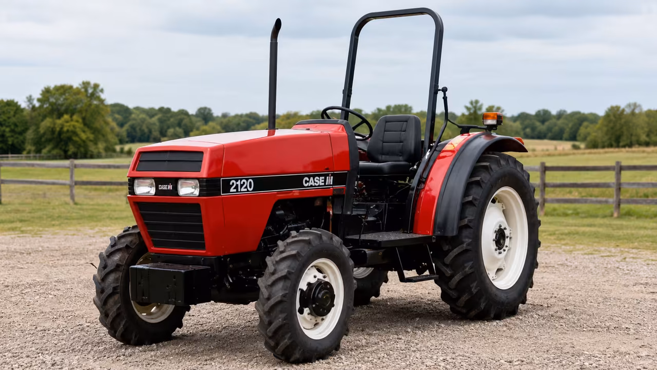 Red Case IH 2120 tractor on a gravel farm drive.