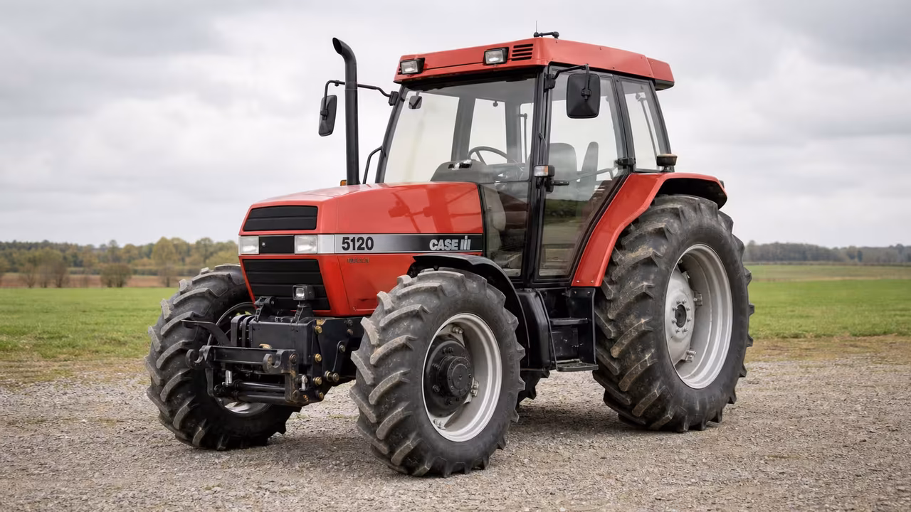 Red Case IH 5120 Maxxum tractor on a gravel farm drive.