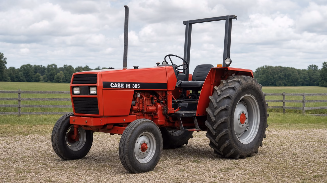 CaseIH 385 tractor in a rural farm setting.