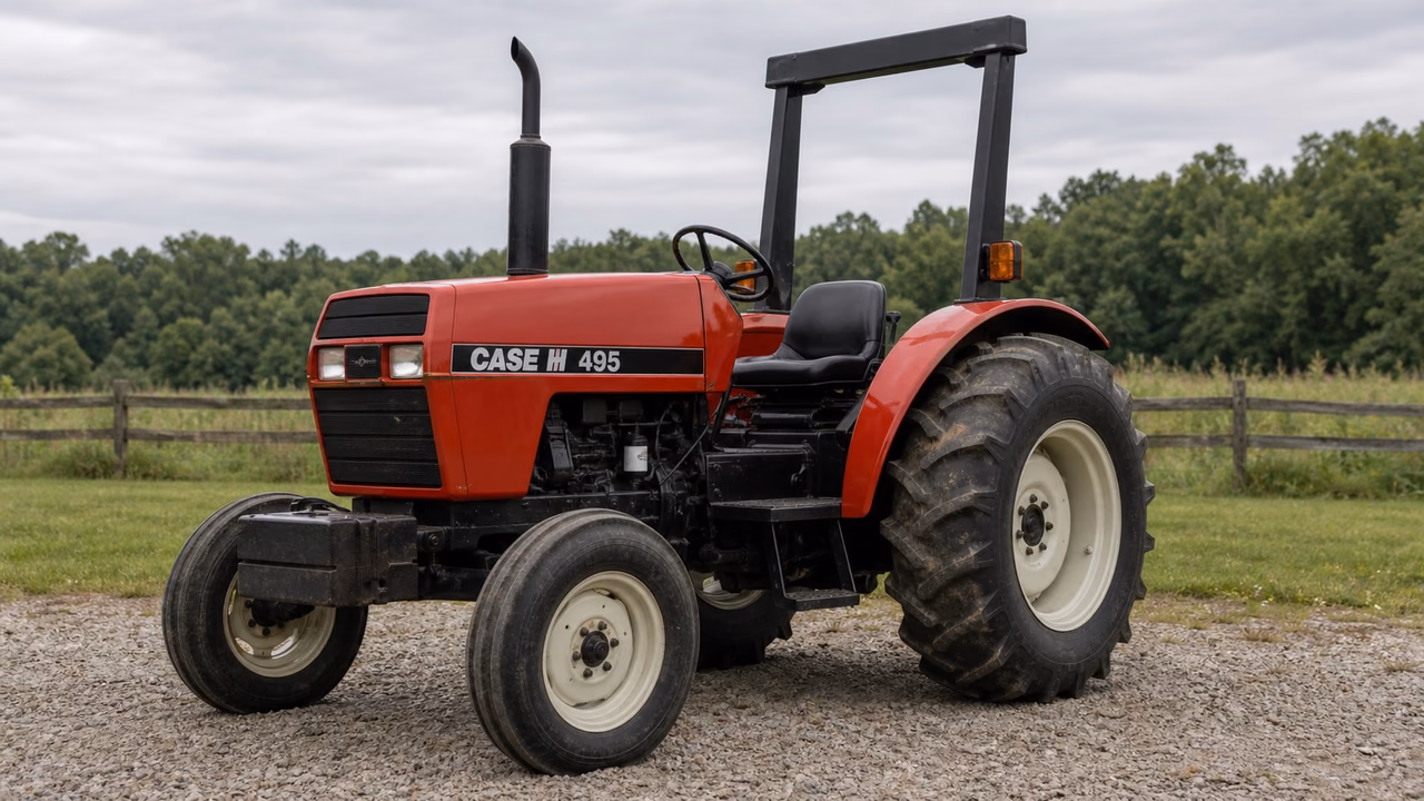 CaseIH 495 tractor in a rural farm setting.