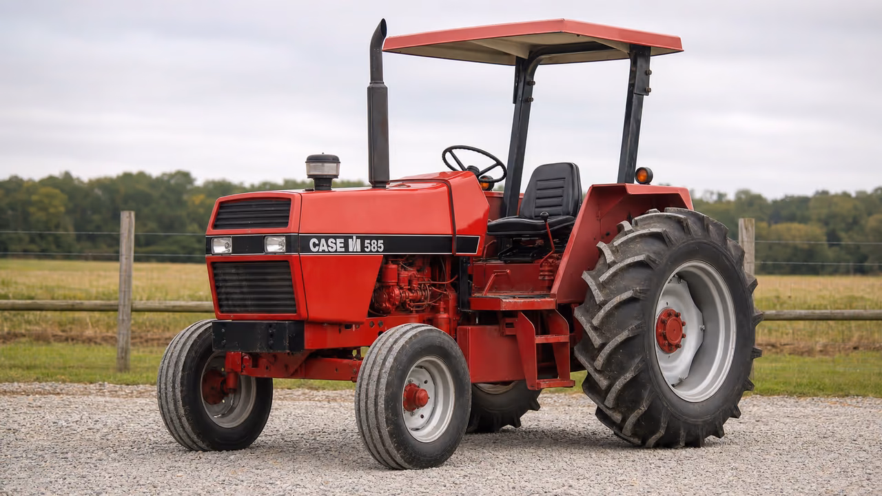 CaseIH 585 tractor in a rural farm setting.