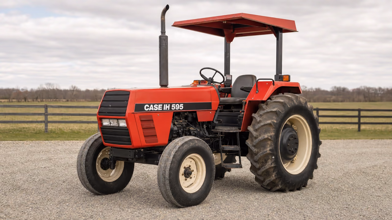 CaseIH 595 tractor in a rural farm setting.