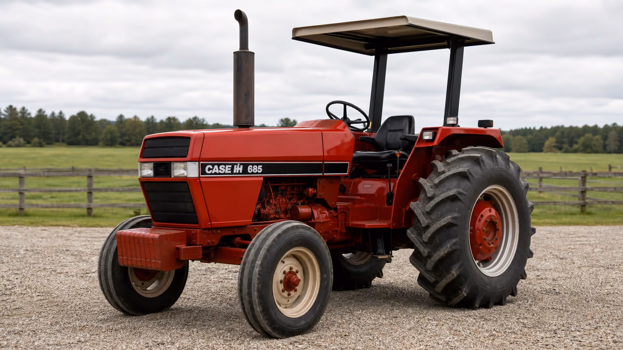 CaseIH 685 tractor in a rural farm setting.