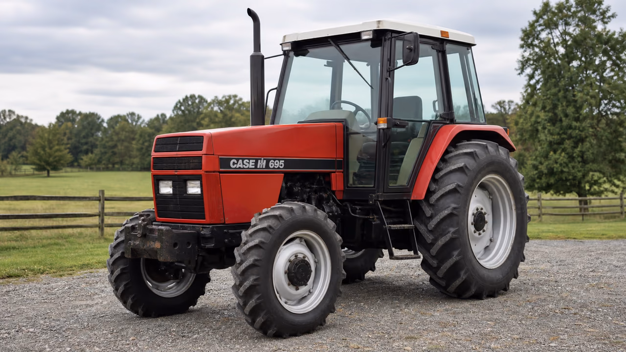 CaseIH 695 tractor in a rural farm setting.