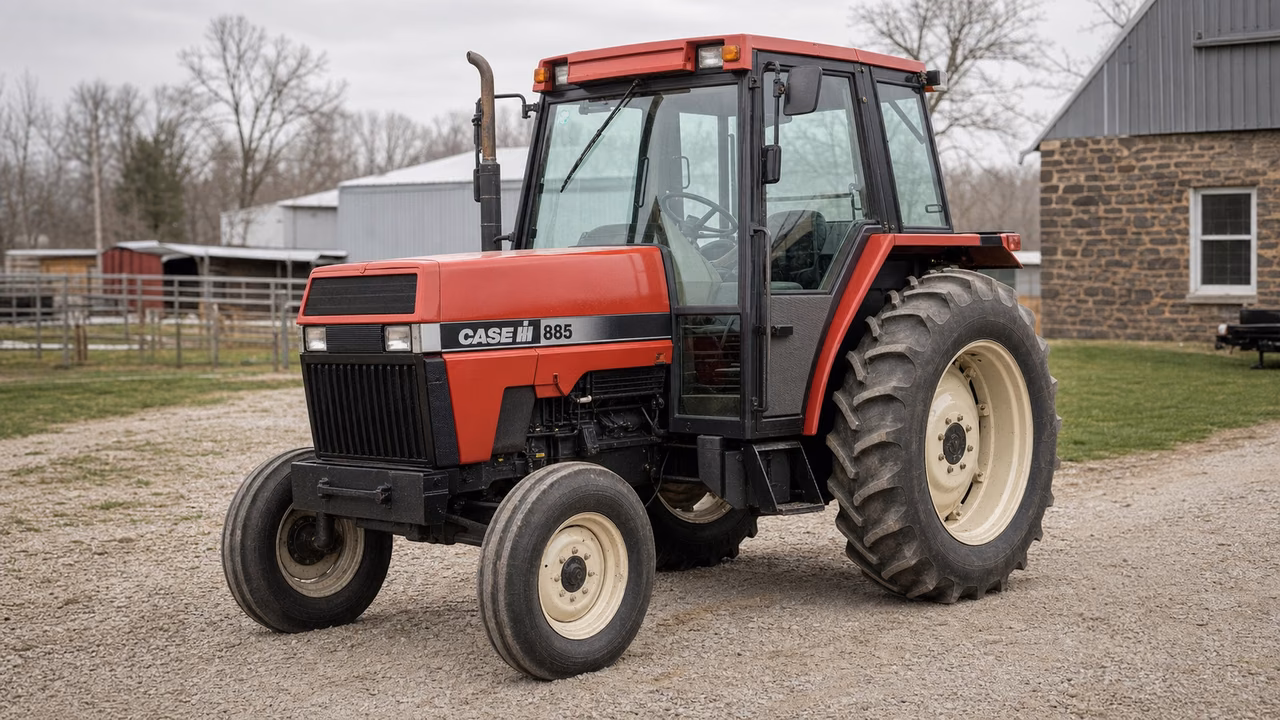 Case IH 885 tractor in a rural farm setting.