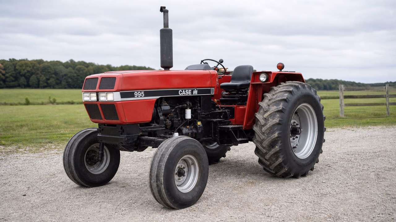 Case IH 995 tractor in a rural farm setting.