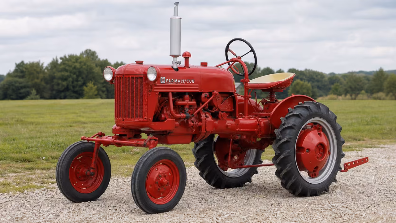 Red Farmall Cub tractor on a gravel farm drive.
