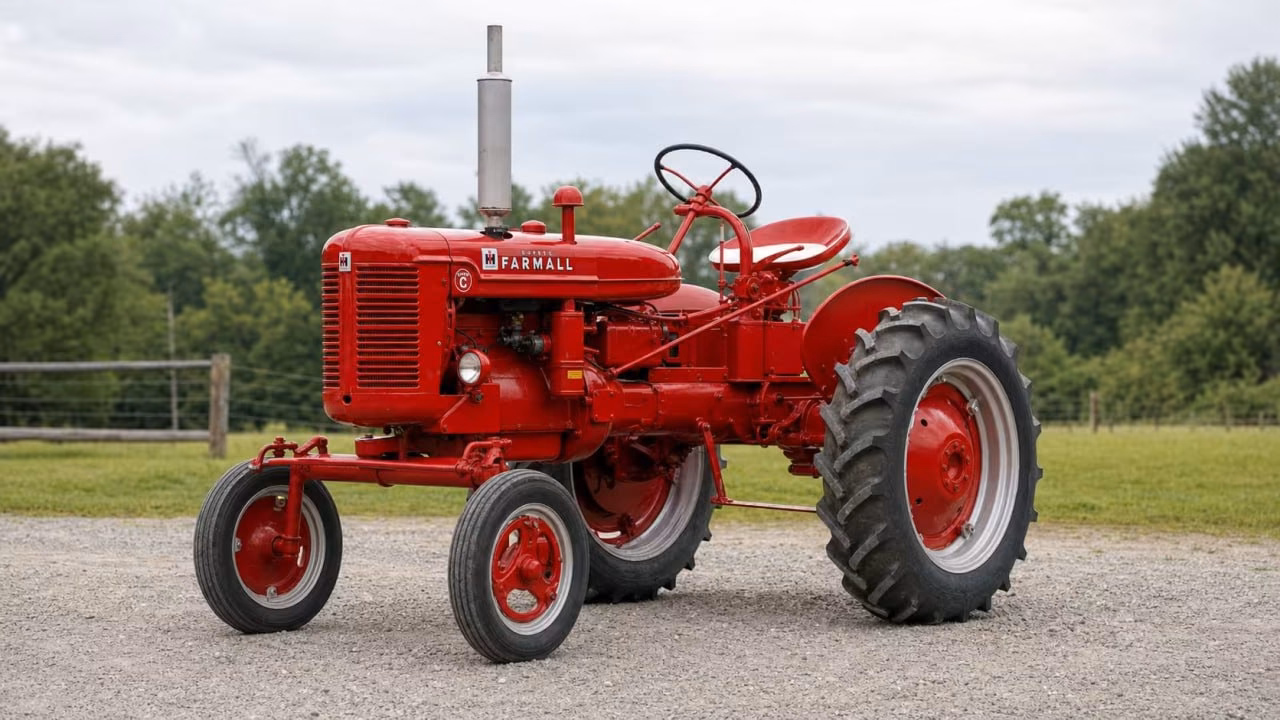 Red Farmall Super C tractor with a wide front axle on a gravel drive.