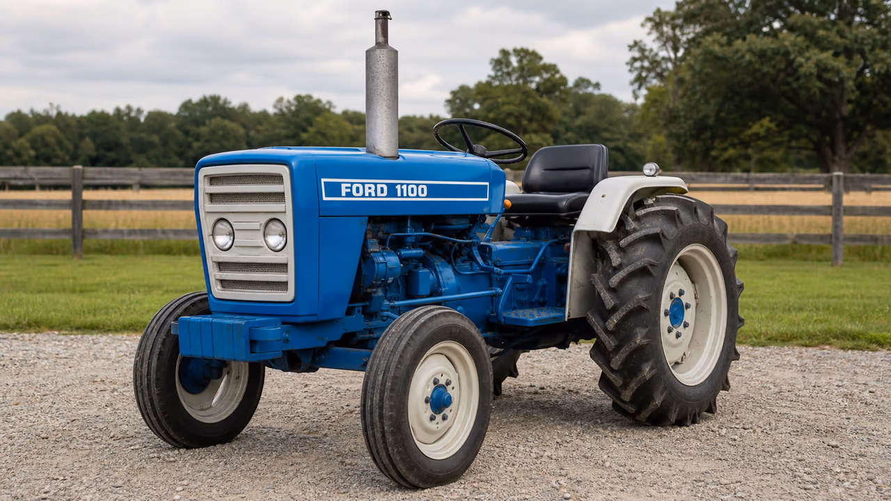 Ford 1100 tractor in a rural farm setting.