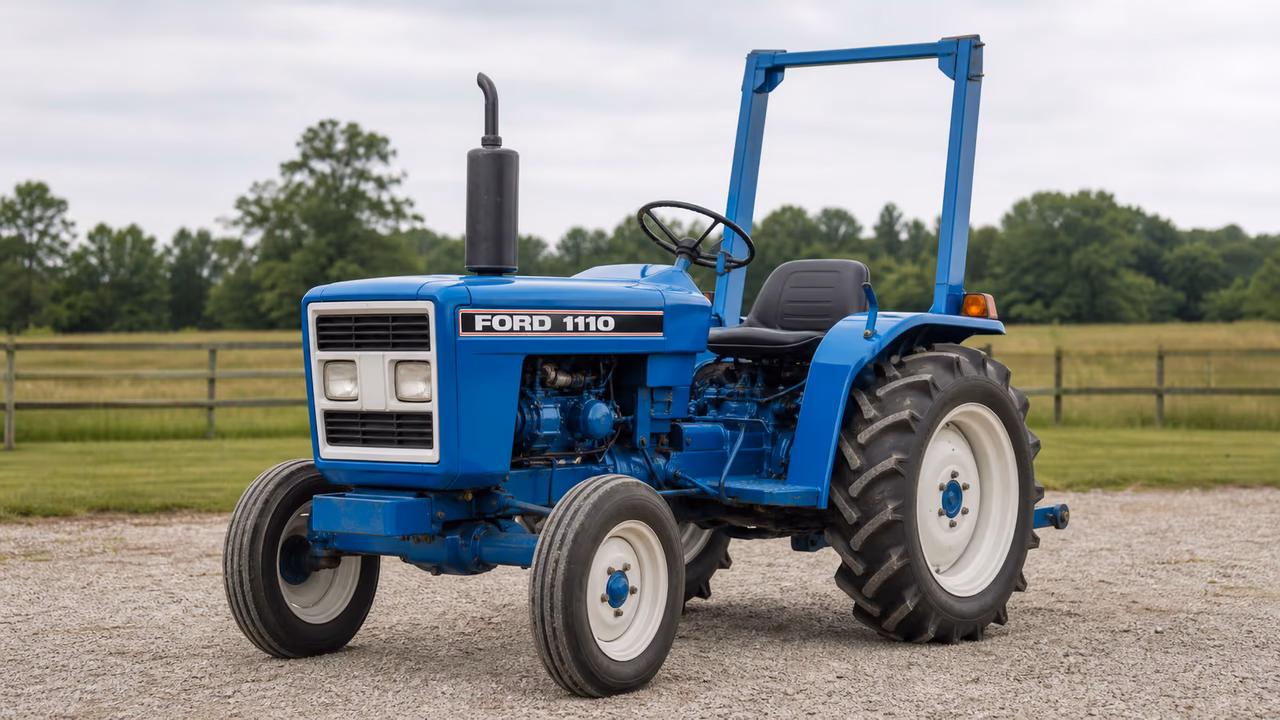 Ford 1110 tractor in a rural farm setting.