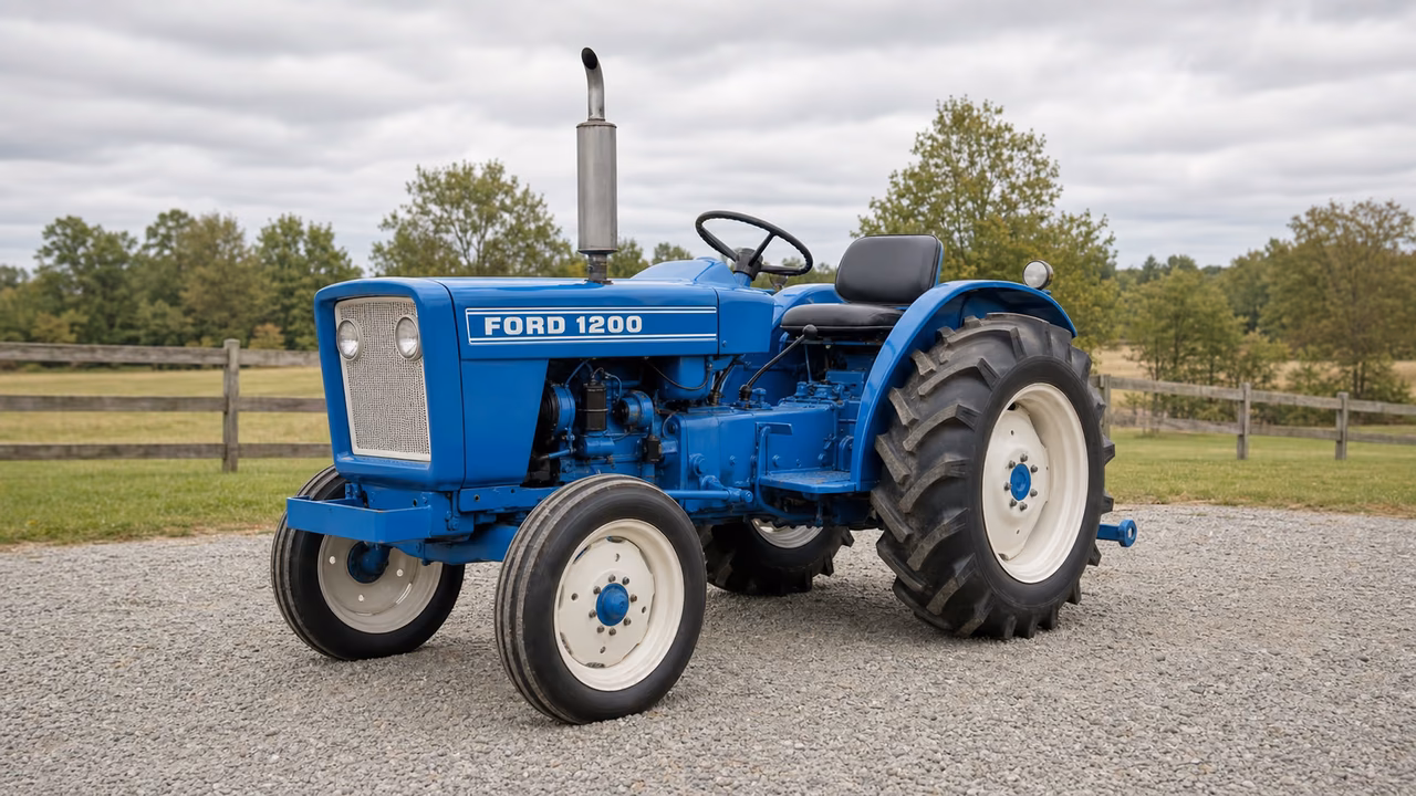 Ford 1200 tractor in a rural farm setting.