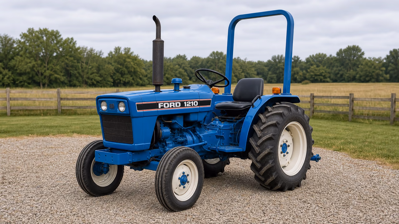 Ford 1210 tractor in a rural farm setting.