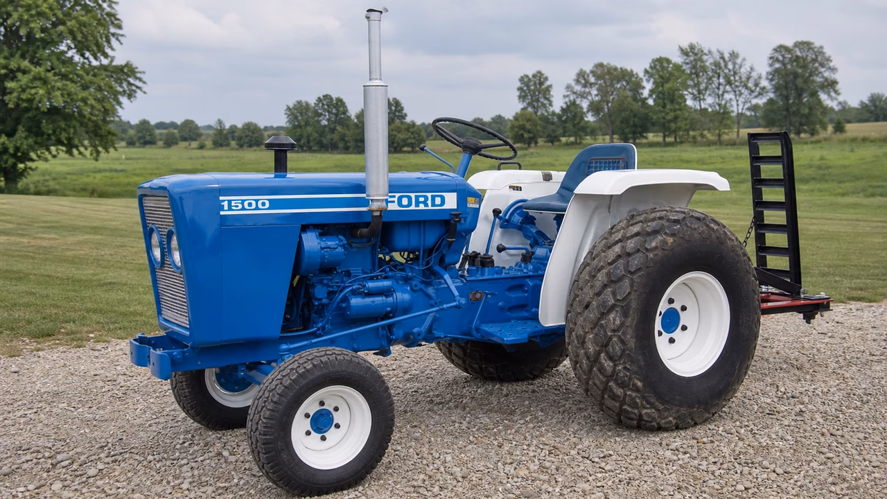 Ford 1500 tractor in a rural farm setting.