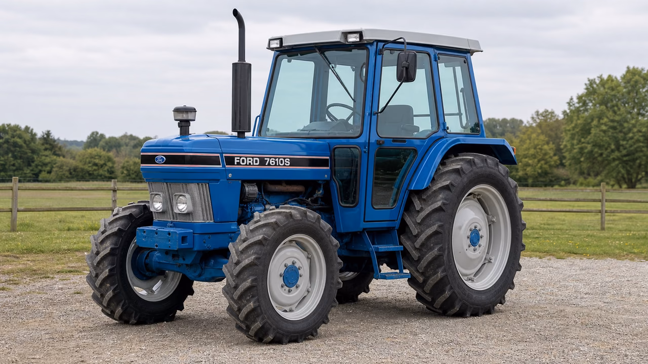 Ford 7610S tractor in a rural farm setting.