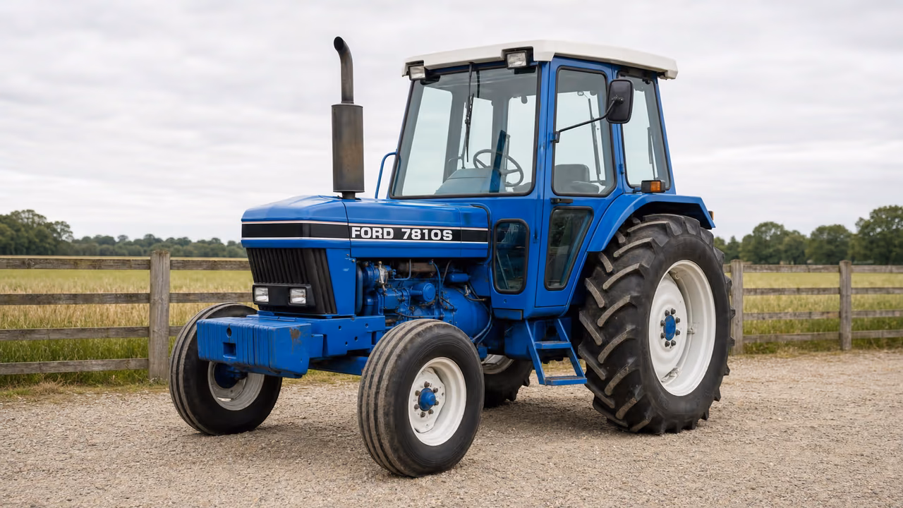 Ford 7810S tractor in a rural farm setting.