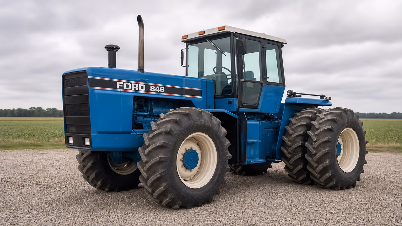 Ford 846 tractor in a rural farm setting.