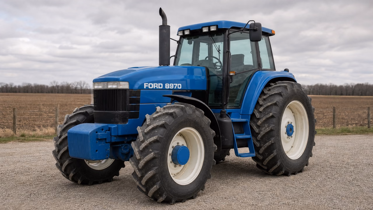 Ford 8970 tractor in a rural farm setting.