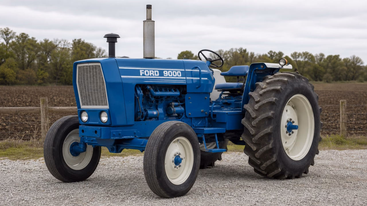 Ford 9000 tractor in a rural farm setting.