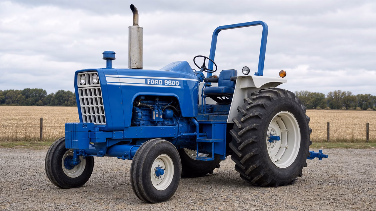 Ford 9600 tractor in a rural farm setting.