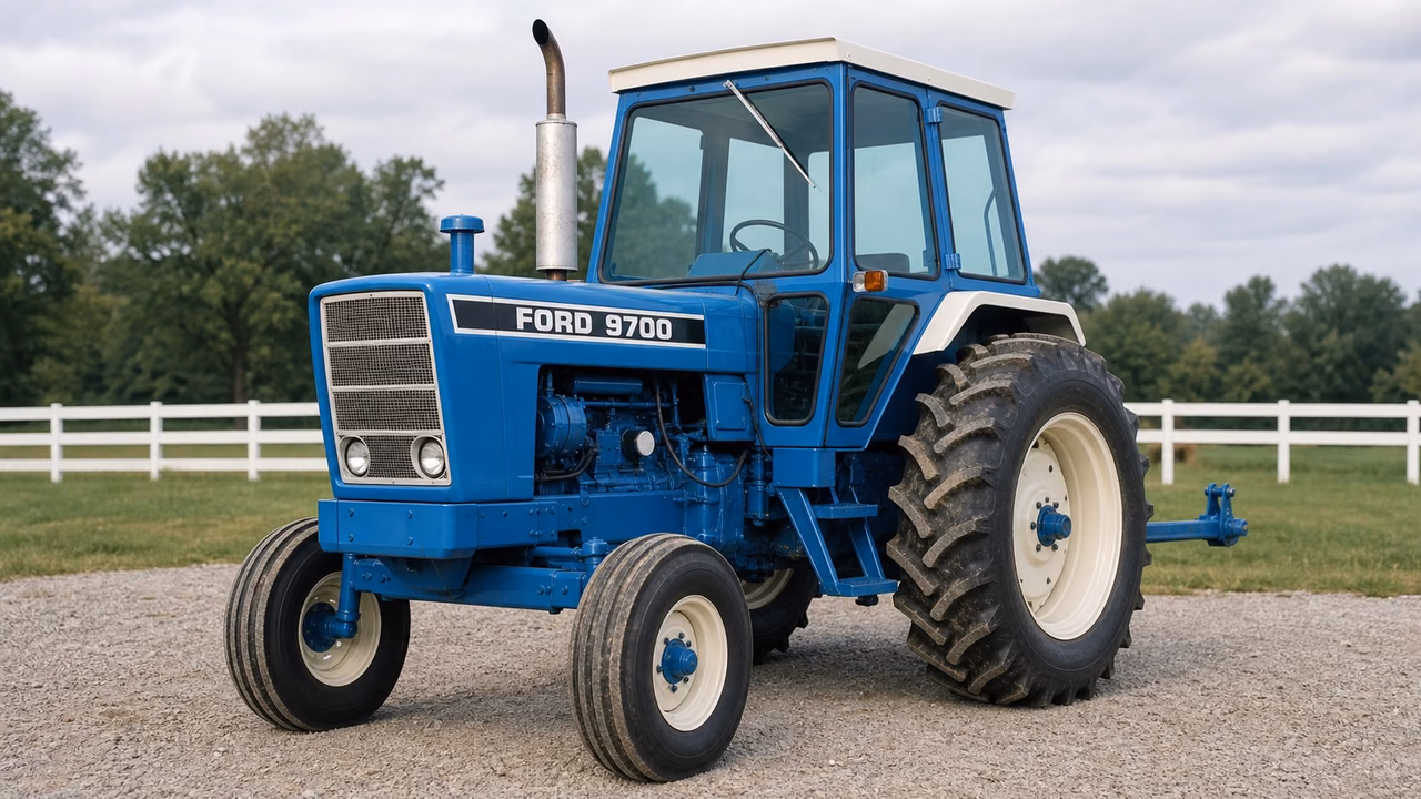 Ford 9700 tractor in a rural farm setting.