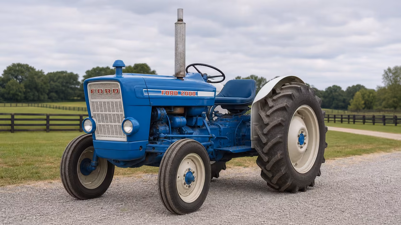 Blue 1965-1975 Ford 2000 three-cylinder tractor on a gravel drive.
