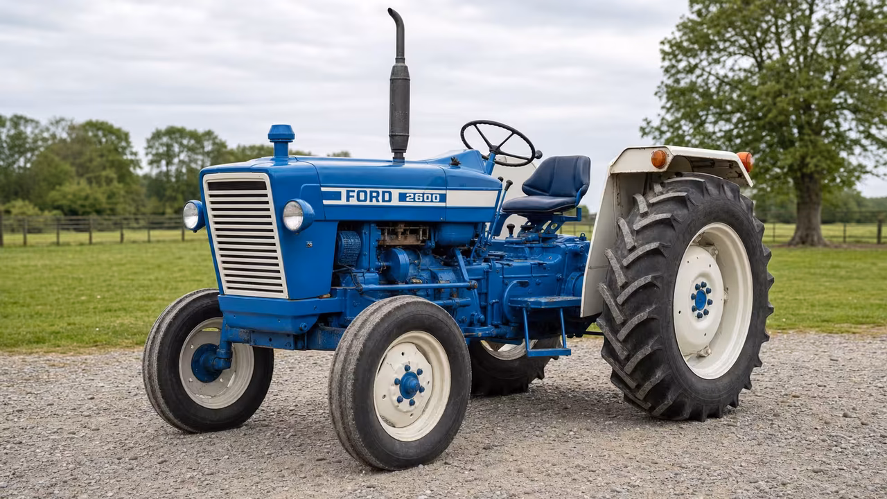 Ford 2600 tractor on a gravel farm drive.