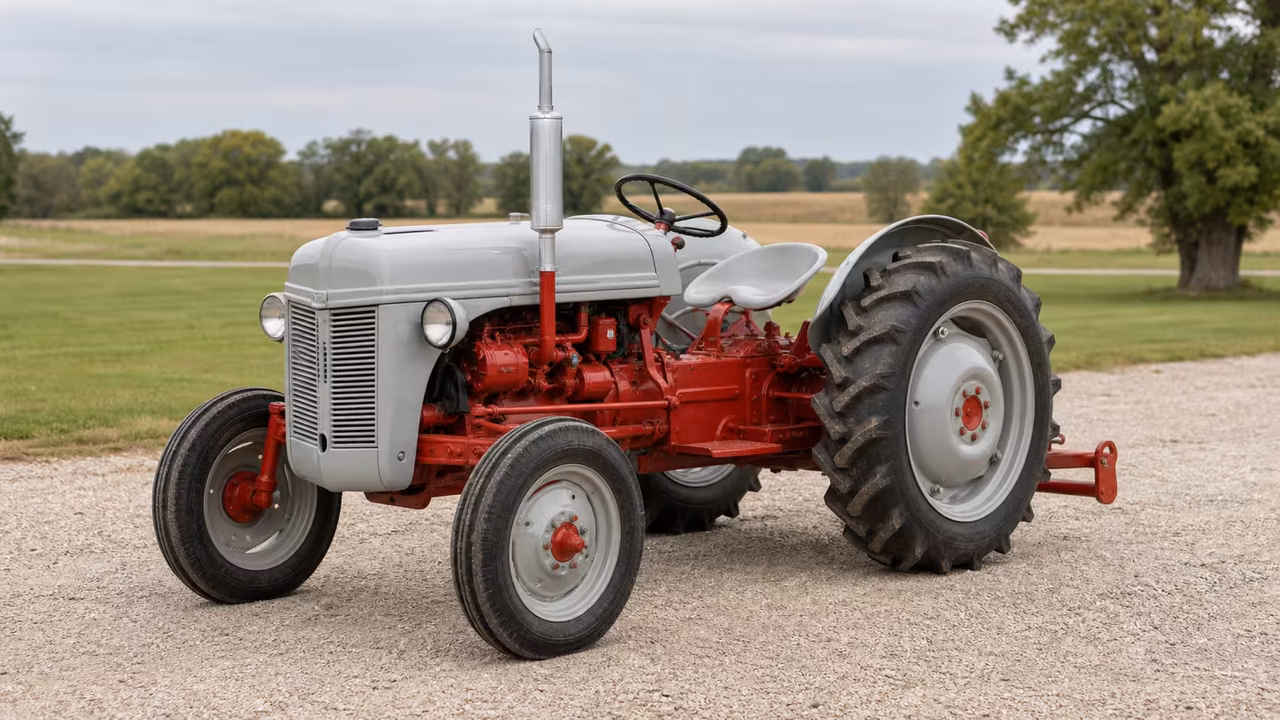 Ford 2N tractor on a gravel farm drive.