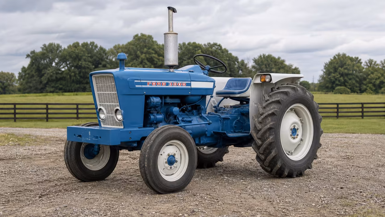 Blue Ford 3000 tractor on a gravel drive.