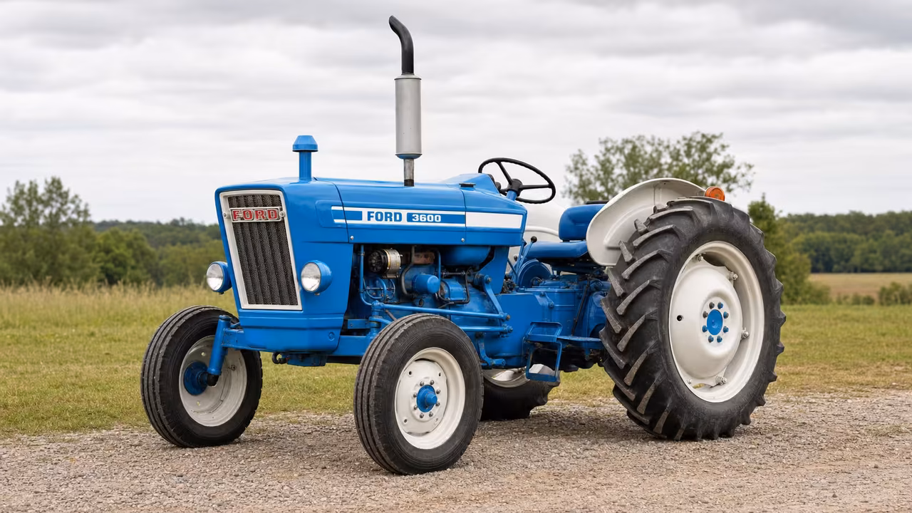 Ford 3600 tractor on a gravel farm drive.