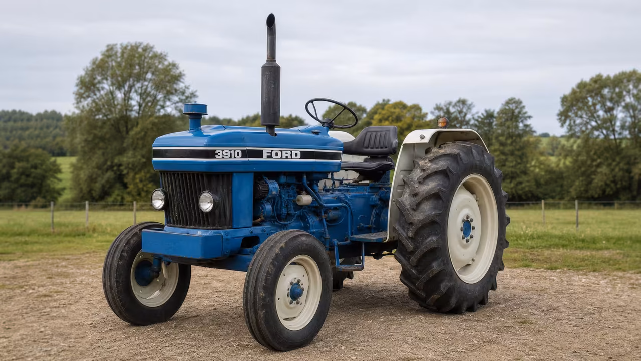 Blue Ford 3910 utility tractor with an open station on a gravel farm drive.