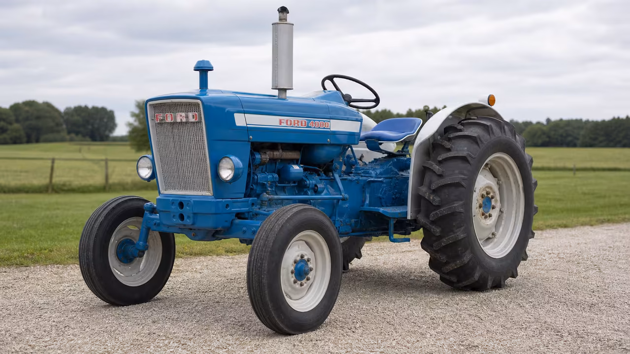 Ford 4000 tractor on a gravel farm drive.