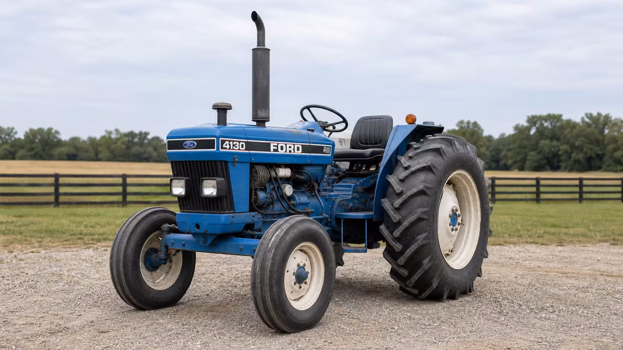 Ford 4130 tractor on a gravel farm drive.