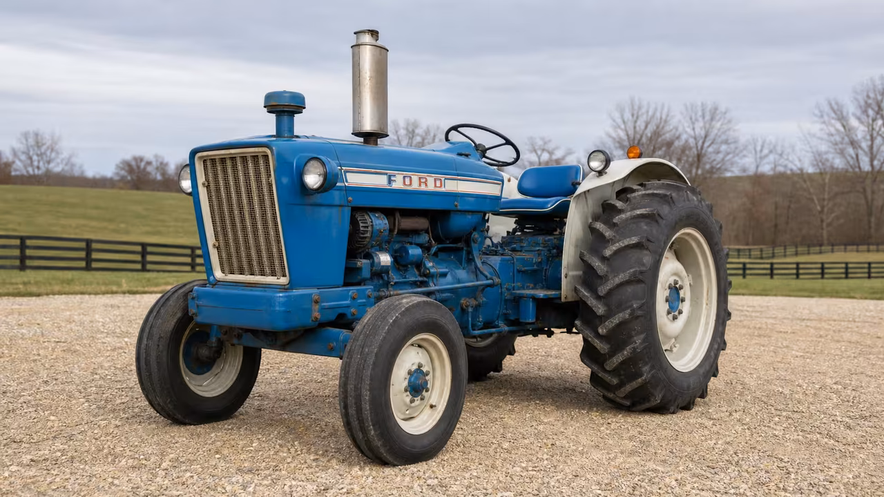 Ford 5000 tractor on a gravel farm drive.