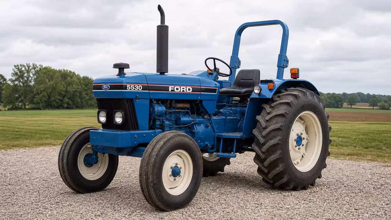 Ford 5530 tractor on a gravel farm drive.