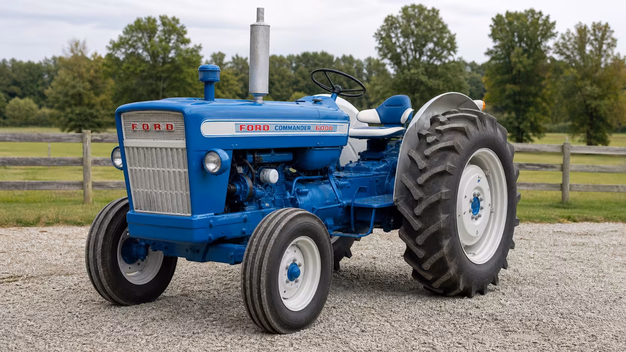 Blue Ford Commander 6000 tractor with an open station and narrow front wheels on a farm drive.