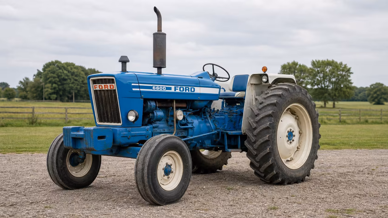 Ford 6600 tractor on a gravel farm drive.