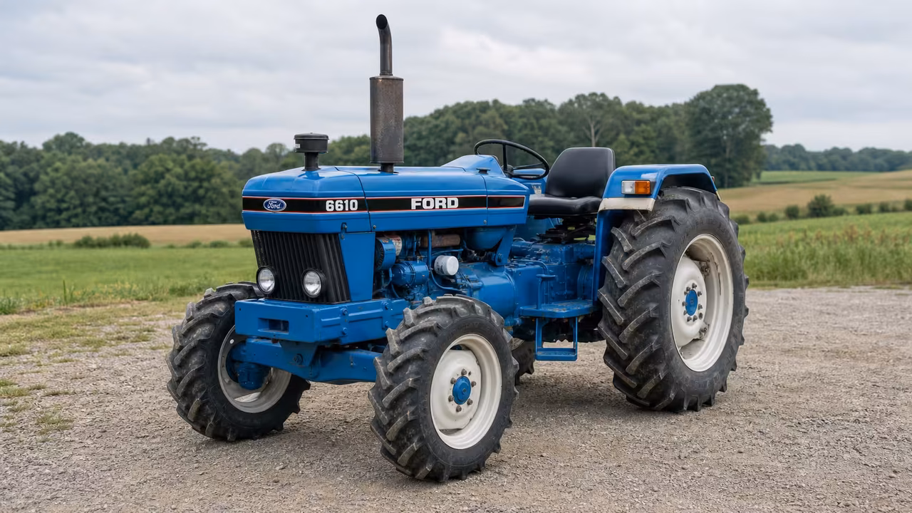 Ford 6610 tractor on a gravel farm drive.