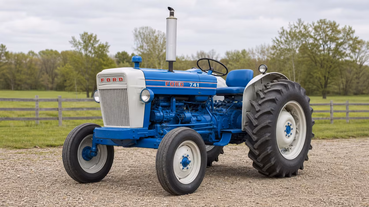 Ford 741 tractor in a rural farm setting.