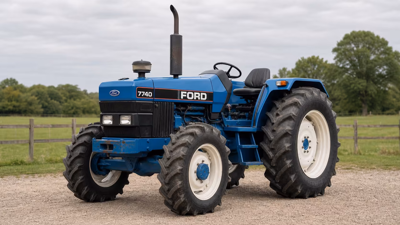 Ford 7740 tractor in a rural farm setting.