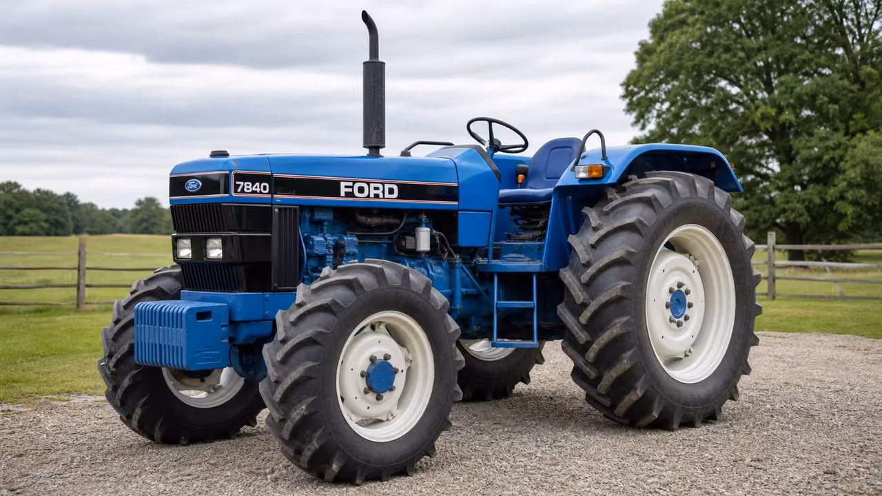 Ford 7840 tractor in a rural farm setting.