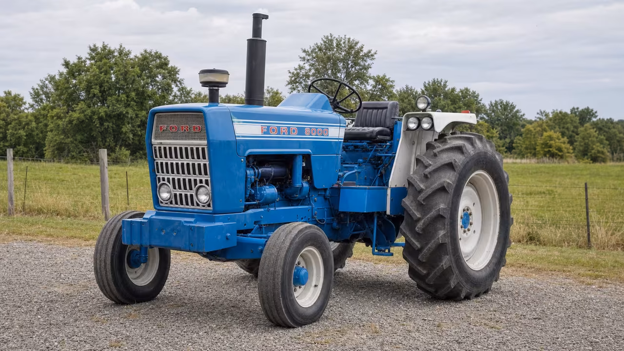 Ford 8000 tractor in a rural farm setting.